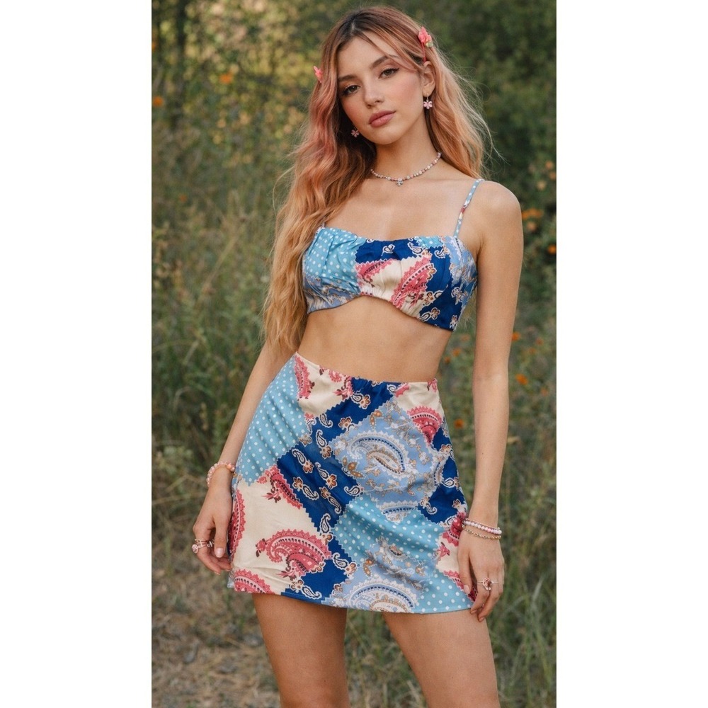 Cotton Candy LA Y2K Paisley Patchwork Set Skirt Top L Festival Coquette